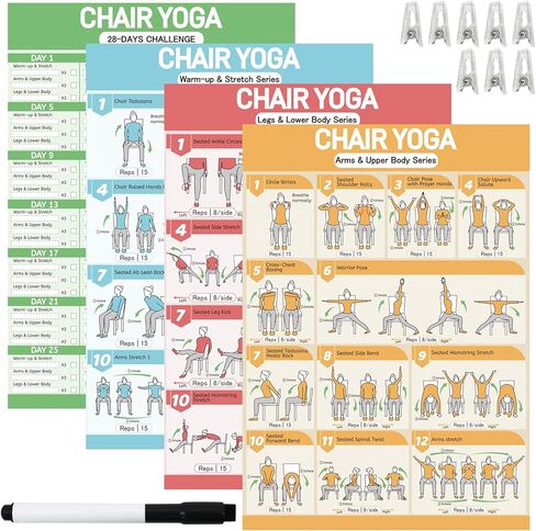 مجموعة ملصقات اليوغا لكبار السن والمبتدئين - 3 أدلة مصورة، 1 تحديات لمدة 28 يومًا، 8 مقاطع مزدوجة الجوانب و1 قلم مسح جاف، مخطط حائط 36 وضعية يتضمن الأوضاع والتعليمات ونصائح التنفس in Kuwait