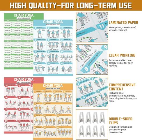 مجموعة ملصقات اليوغا لكبار السن والمبتدئين - 3 أدلة مصورة، 1 تحديات لمدة 28 يومًا، 8 مقاطع مزدوجة الجوانب و1 قلم مسح جاف، مخطط حائط 36 وضعية يتضمن الأوضاع والتعليمات ونصائح التنفس in Kuwait