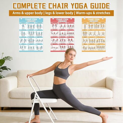 مجموعة ملصقات اليوغا لكبار السن والمبتدئين - 3 أدلة مصورة، 1 تحديات لمدة 28 يومًا، 8 مقاطع مزدوجة الجوانب و1 قلم مسح جاف، مخطط حائط 36 وضعية يتضمن الأوضاع والتعليمات ونصائح التنفس in Kuwait