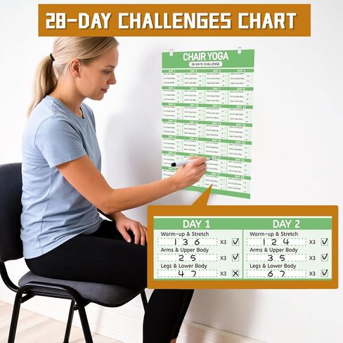 مجموعة ملصقات اليوغا لكبار السن والمبتدئين - 3 أدلة مصورة، 1 تحديات لمدة 28 يومًا، 8 مقاطع مزدوجة الجوانب و1 قلم مسح جاف، مخطط حائط 36 وضعية يتضمن الأوضاع والتعليمات ونصائح التنفس in Kuwait