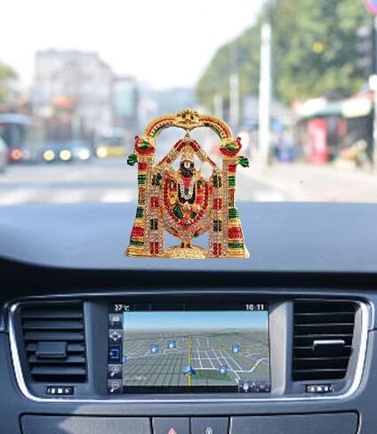 Tirupati Balaji stone studded Idol for Car Dashboard & Home Temple Multicolor Lord Venkateswara Swamy Murti with Sudarshan Chakra Decorative Religious Gift 9.5 cm in Saudi Arabia