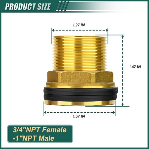 1PCS Brass Water Tank Connector, 1" NPT Female 1-1/4" NPT Male, Bulkhead Tank Adapter Fitting, with Rubber Ring, for Water Towers/Various Pipes/Fittings in Kuwait