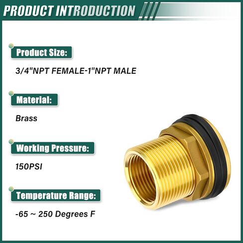 1PCS Brass Water Tank Connector, 1" NPT Female 1-1/4" NPT Male, Bulkhead Tank Adapter Fitting, with Rubber Ring, for Water Towers/Various Pipes/Fittings in Kuwait