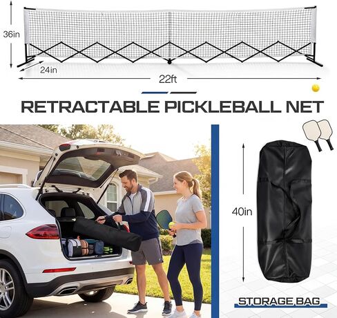 شبكة Dinkball قابلة للسحب مع عجلة بطول 22 قدمًا بحجم منتظم، شبكة Dinkball قابلة للحمل للاستخدام الداخلي والخارجي مع حقيبة حمل بإطار معدني شديد التحمل لمرآب الممرات الخلفية، تجميع مجاني in Saudi Arabia