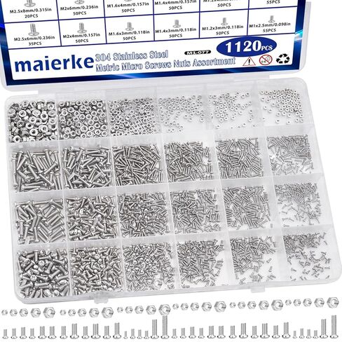 1120 قطعة 304 من الفولاذ المقاوم للصدأ M1 M1.2 M1.4 M1.6 M2 M2.5 تشكيلة صواميل صغيرة مترية، صواميل سداسية، رأس مقلاة فيليبس، براغي آلة صغيرة، لاردوينو، نماذج RC، الإلكترونيات وDIY in Kuwait