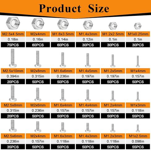 1120 قطعة 304 من الفولاذ المقاوم للصدأ M1 M1.2 M1.4 M1.6 M2 M2.5 تشكيلة صواميل صغيرة مترية، صواميل سداسية، رأس مقلاة فيليبس، براغي آلة صغيرة، لاردوينو، نماذج RC، الإلكترونيات وDIY in Kuwait