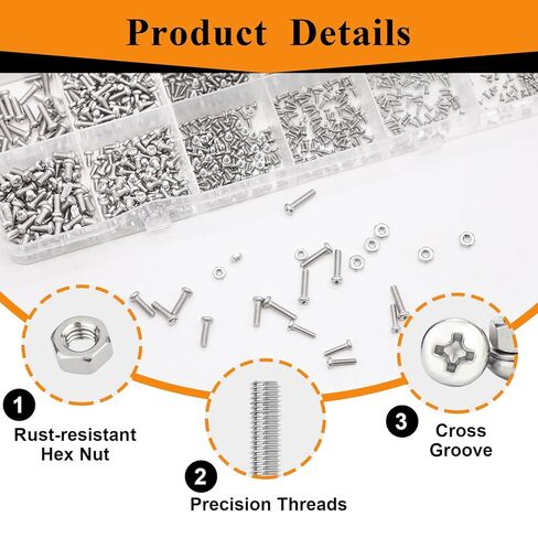 1120 قطعة 304 من الفولاذ المقاوم للصدأ M1 M1.2 M1.4 M1.6 M2 M2.5 تشكيلة صواميل صغيرة مترية، صواميل سداسية، رأس مقلاة فيليبس، براغي آلة صغيرة، لاردوينو، نماذج RC، الإلكترونيات وDIY in Kuwait