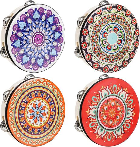 YOUEON 4 Pcs 8 Inch Colorful Tambourine with Single Row Jingles and Ribbons, Small Wooden Hand Held Drum, Percussion Gift, Tambourines for Adults, Dance, Photo Prop in Saudi Arabia