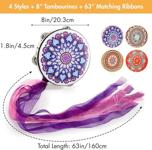 YOUEON 4 Pcs 8 Inch Colorful Tambourine with Single Row Jingles and Ribbons, Small Wooden Hand Held Drum, Percussion Gift, Tambourines for Adults, Dance, Photo Prop in Saudi Arabia