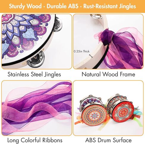 YOUEON 4 Pcs 8 Inch Colorful Tambourine with Single Row Jingles and Ribbons, Small Wooden Hand Held Drum, Percussion Gift, Tambourines for Adults, Dance, Photo Prop in Saudi Arabia