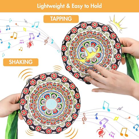 YOUEON 4 Pcs 8 Inch Colorful Tambourine with Single Row Jingles and Ribbons, Small Wooden Hand Held Drum, Percussion Gift, Tambourines for Adults, Dance, Photo Prop in Saudi Arabia