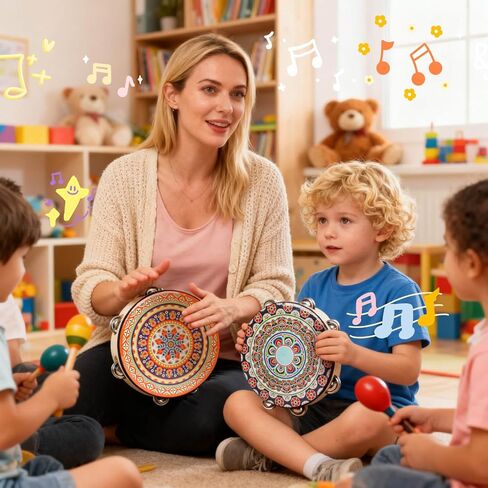 YOUEON 4 Pcs 8 Inch Colorful Tambourine with Single Row Jingles and Ribbons, Small Wooden Hand Held Drum, Percussion Gift, Tambourines for Adults, Dance, Photo Prop in Saudi Arabia