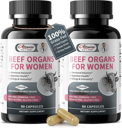 مكمل لأعضاء اللحم البقري للنساء - يدعم التوازن الهرموني الأنثوي والطاقة والعافية بشكل عام، مركب أعضاء البقر الذي يتغذى على العشب بنسبة 100%: الكبد والرحم* والقلب و3 المزيد، (كبسولتان يوميًا) in Kuwait