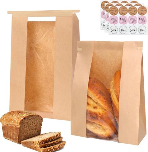 Moretoes 120 Pack Large Paper Bread Bags for Homemade Bread, 13.7x8.3x3.5 Inches, Sourdough Bread Bags with Tin Tie Tab and Clear Front Window, Includes 144 Label Seal Stickers (Brown) in Saudi Arabia