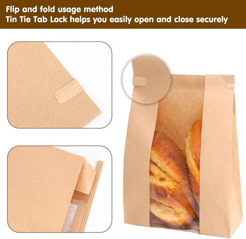 Moretoes 120 Pack Large Paper Bread Bags for Homemade Bread, 13.7x8.3x3.5 Inches, Sourdough Bread Bags with Tin Tie Tab and Clear Front Window, Includes 144 Label Seal Stickers (Brown) in Saudi Arabia
