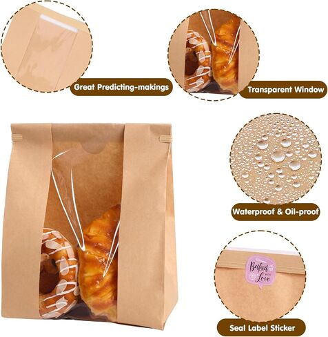 Moretoes 120 Pack Large Paper Bread Bags for Homemade Bread, 13.7x8.3x3.5 Inches, Sourdough Bread Bags with Tin Tie Tab and Clear Front Window, Includes 144 Label Seal Stickers (Brown) in Saudi Arabia
