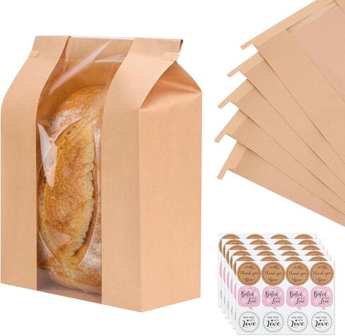 Moretoes 120 Pack Large Paper Bread Bags for Homemade Bread, 13.7x8.3x3.5 Inches, Sourdough Bread Bags with Tin Tie Tab and Clear Front Window, Includes 144 Label Seal Stickers (Brown) in Saudi Arabia