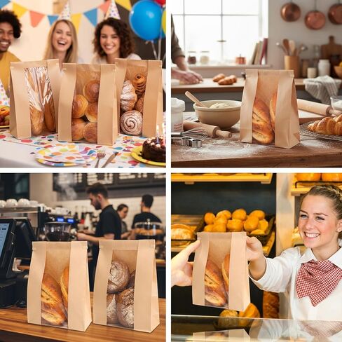 Moretoes 120 Pack Large Paper Bread Bags for Homemade Bread, 13.7x8.3x3.5 Inches, Sourdough Bread Bags with Tin Tie Tab and Clear Front Window, Includes 144 Label Seal Stickers (Brown) in Saudi Arabia