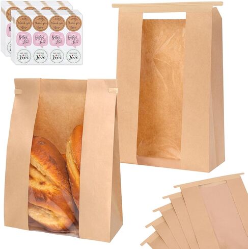 Moretoes 120 Pack Large Paper Bread Bags for Homemade Bread, 13.7x8.3x3.5 Inches, Sourdough Bread Bags with Tin Tie Tab and Clear Front Window, Includes 144 Label Seal Stickers (Brown) in Saudi Arabia