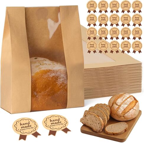 FUNFERY 30 Pcs Sourdough Bread Bags for Home Made Bread Sourdough,Large Paper Bags for Breads Gifting with Window & Cute Seal Stickers,Loaf Bags for Bakery Packaging and Storage(12.79"x8.26"x3.54") | breathable material, cute sticker in Kuwait