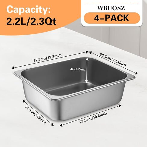 1/2 Size Hotel Pan with Lids 4 Pack, 4'' Deep Steam Table Pan, 12.8''L x 10.4''W Stainless Steel Pans for Home, Party, Hotel, Buffet in Saudi Arabia