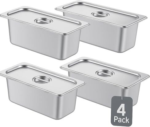 ALPHA LIVING 4 Pack Stainless Steel Steam Table Pans with Lids, 1/3 Size 6" Deep Hotel Pans for Catering, Buffet, Restaurant, or Home Use – Durable Anti-Rust Reusable Food Storage Trays in Kuwait