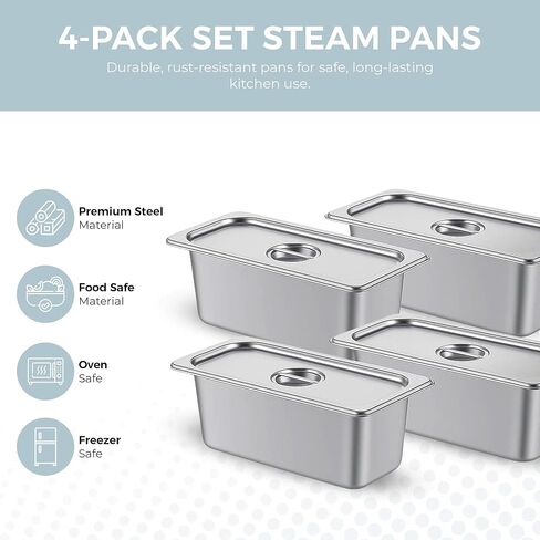 ALPHA LIVING 4 Pack Stainless Steel Steam Table Pans with Lids, 1/3 Size 6" Deep Hotel Pans for Catering, Buffet, Restaurant, or Home Use – Durable Anti-Rust Reusable Food Storage Trays in Kuwait