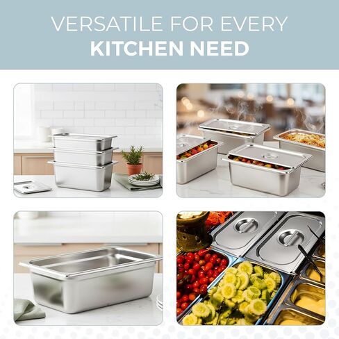 ALPHA LIVING 4 Pack Stainless Steel Steam Table Pans with Lids, 1/3 Size 6" Deep Hotel Pans for Catering, Buffet, Restaurant, or Home Use – Durable Anti-Rust Reusable Food Storage Trays in Kuwait