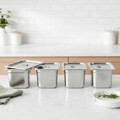 ALPHA LIVING 4 Pack Stainless Steel Steam Table Pans with Lids, 1/3 Size 6" Deep Hotel Pans for Catering, Buffet, Restaurant, or Home Use – Durable Anti-Rust Reusable Food Storage Trays in Kuwait