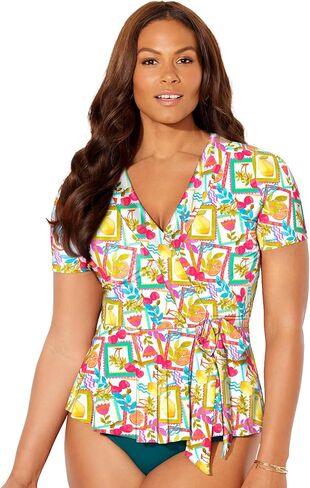 Swimsuits For All Women's Short Sleeve Faux Wrap Tankini Top (Plus in Saudi Arabia