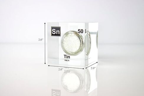 Authentic Tin Element Cube, 2x2x2 Inches, Encased in Crystal-Clear Lucite Acrylic, Authentic Sample of Tin, Handmade in The USA by Engineered Labs, Perfect for Display or Educational Purposes in Saudi Arabia