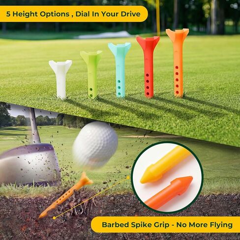 Golf Tees 50 Pack 3 1/4", Low Spin 3-Prong Plastic Tees, Reduce Friction for Longer Drives, Durable Composite, Anti-Flyaway Barbed Tip, Adjustable Height, 5 Colors (10 Each) in Kuwait