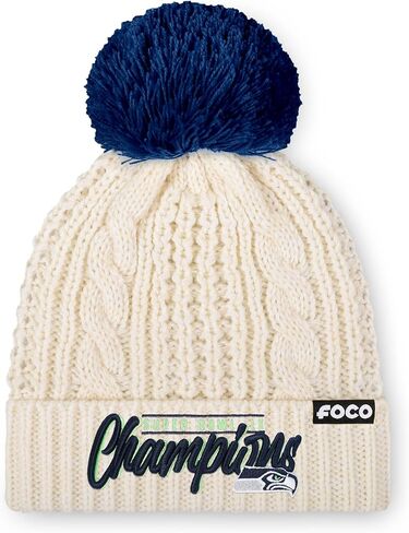 FOCO Seattle Seahawks NFL Super Bowl LX Champions Primary Logo White Cable Knit Pom Beanie in Saudi Arabia