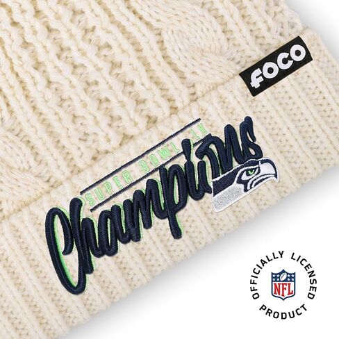 FOCO Seattle Seahawks NFL Super Bowl LX Champions Primary Logo White Cable Knit Pom Beanie in Saudi Arabia