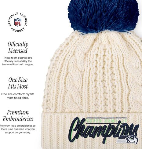 FOCO Seattle Seahawks NFL Super Bowl LX Champions Primary Logo White Cable Knit Pom Beanie in Saudi Arabia