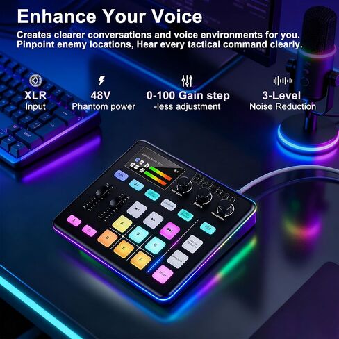 خلاط صوت للألعاب، واجهة 5 قنوات مع طاقة فانتوم 48 فولت، خلاط RGB للكمبيوتر الشخصي مع واجهة ميكروفون XLR، خافت الصوت، زر كتم الصوت، للبودكاست/التسجيل/الصوت/صوت اللعبة in Saudi Arabia