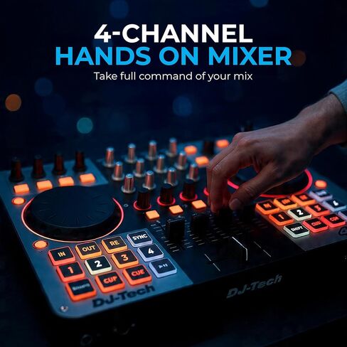 وحدة تحكم DJ Tech DJ، تحكم USB MIDI 4-Deck مع بطاقة صوت مدمجة، خلاط 4 قنوات مع EQ ومرشحات، منصات أداء مضيئة، عناصر تحكم FX، أزرار تحديد سطح السفينة، VirtualDJ LE متضمنة in Kuwait