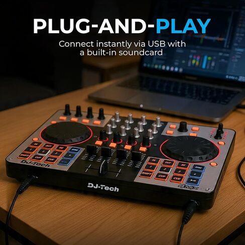 وحدة تحكم DJ Tech DJ، تحكم USB MIDI 4-Deck مع بطاقة صوت مدمجة، خلاط 4 قنوات مع EQ ومرشحات، منصات أداء مضيئة، عناصر تحكم FX، أزرار تحديد سطح السفينة، VirtualDJ LE متضمنة in Kuwait