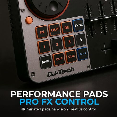 وحدة تحكم DJ Tech DJ، تحكم USB MIDI 4-Deck مع بطاقة صوت مدمجة، خلاط 4 قنوات مع EQ ومرشحات، منصات أداء مضيئة، عناصر تحكم FX، أزرار تحديد سطح السفينة، VirtualDJ LE متضمنة in Kuwait