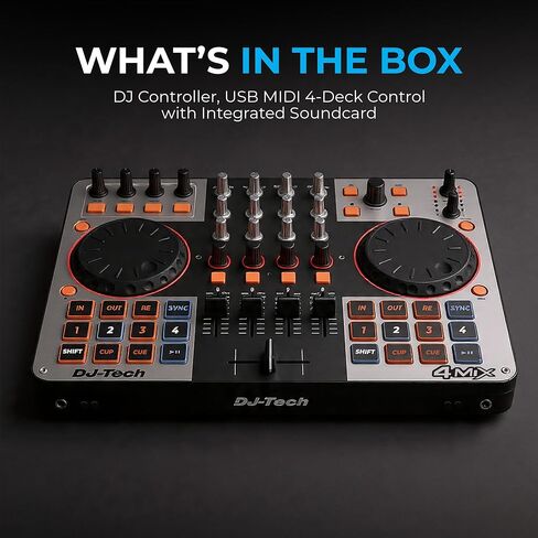 وحدة تحكم DJ Tech DJ، تحكم USB MIDI 4-Deck مع بطاقة صوت مدمجة، خلاط 4 قنوات مع EQ ومرشحات، منصات أداء مضيئة، عناصر تحكم FX، أزرار تحديد سطح السفينة، VirtualDJ LE متضمنة in Kuwait