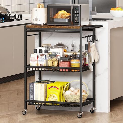 Microwave Kitchen Cart with Push Handle, 3 Tire Rolling Cart with 210Lbs Capacity, Vintage Kitchen Storage Cart with 2 Lockable Wheels for Kitchen, Restaurant, Living Room, Office, Balcony in Saudi Arabia