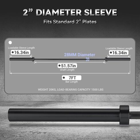 7ft International Standard Weightlifting Bar, 1500LB Capacity Alloy Steel Barbell with Bearing Sleeves & 2 Clips, 50mm Sleeve for Powerlifting, Deadlift, Squat, Home Gym (Black) in Saudi Arabia