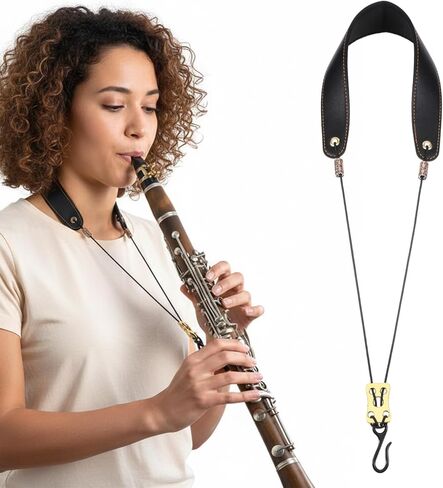 Clarinet Neck Strap, 17.7-22.8 Inch Adjustable Clarinet Accessories Soft Padded Support 30kg Load Capacity Metal Hook for Bb/A Clarinets Durable PU Leather in Saudi Arabia