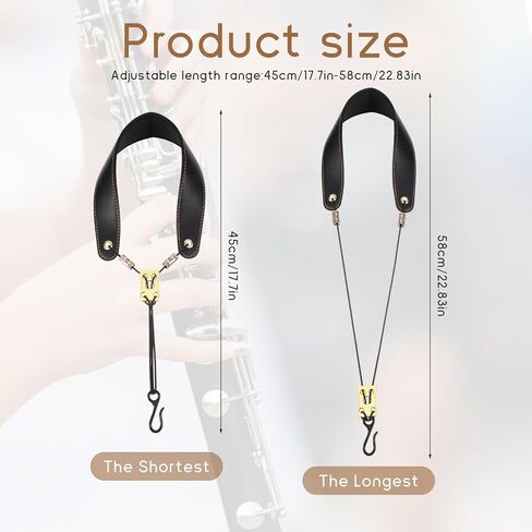 Clarinet Neck Strap, 17.7-22.8 Inch Adjustable Clarinet Accessories Soft Padded Support 30kg Load Capacity Metal Hook for Bb/A Clarinets Durable PU Leather in Saudi Arabia