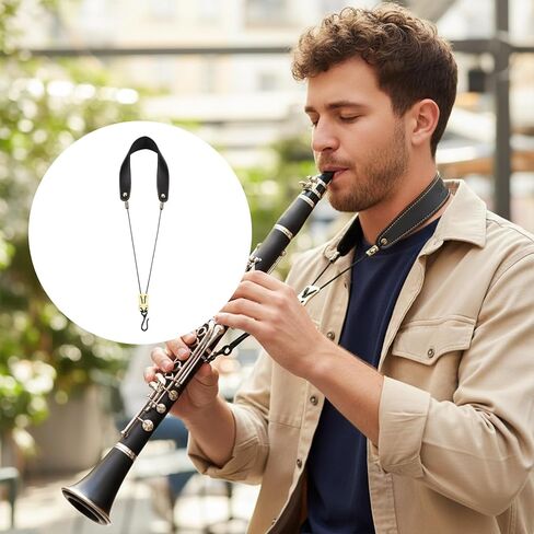 Clarinet Neck Strap, 17.7-22.8 Inch Adjustable Clarinet Accessories Soft Padded Support 30kg Load Capacity Metal Hook for Bb/A Clarinets Durable PU Leather in Saudi Arabia