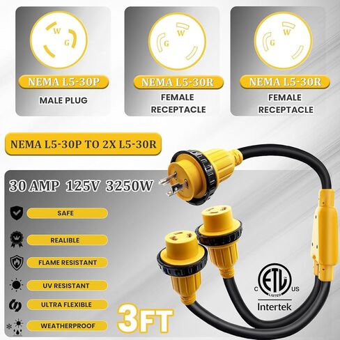محول طاقة NEMA L5-30P إلى (2) L5-30R 30 أمبير Y، قابس ذكر 30A × (2) وعاء أنثى 30A مع حلقات قفل وياقة، 125 فولت عالي التحمل 10AWG*3 للتخييم بالقوارب البحرية (قائمة ETL) in Kuwait