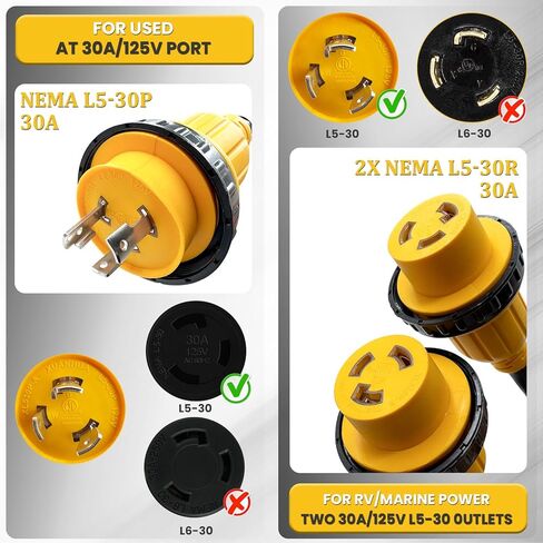 محول طاقة NEMA L5-30P إلى (2) L5-30R 30 أمبير Y، قابس ذكر 30A × (2) وعاء أنثى 30A مع حلقات قفل وياقة، 125 فولت عالي التحمل 10AWG*3 للتخييم بالقوارب البحرية (قائمة ETL) in Kuwait