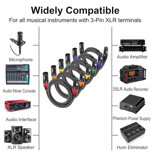 كابلات XLR للميكروفون بطول 25 قدمًا 6 حزم - كابل ميكروفون XLR متوازن ممتاز ومضفر ذو 3 دبابيس ذكر إلى أنثى مزدوج الحماية in Kuwait