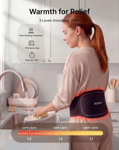 RENPHO Cordless Heating Pad for Back Pain, Red Light Therapy Belt for Low Back, Waist, Shoulder Sweatproof TPU Cover, Vibration, Timer, Adjustable Strap, Mothers Day Birthday Gifts for Women Men Mom in Kuwait