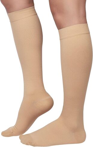 MGANG Medical Compression Stockings for Women & Men, 20-30 mmHg Graduated Knee High Socks, Firm Support for Nurses, Pregnancy, Flying, Varicose Veins — Open Toe, Latex-Free, Beige Large in Saudi Arabia